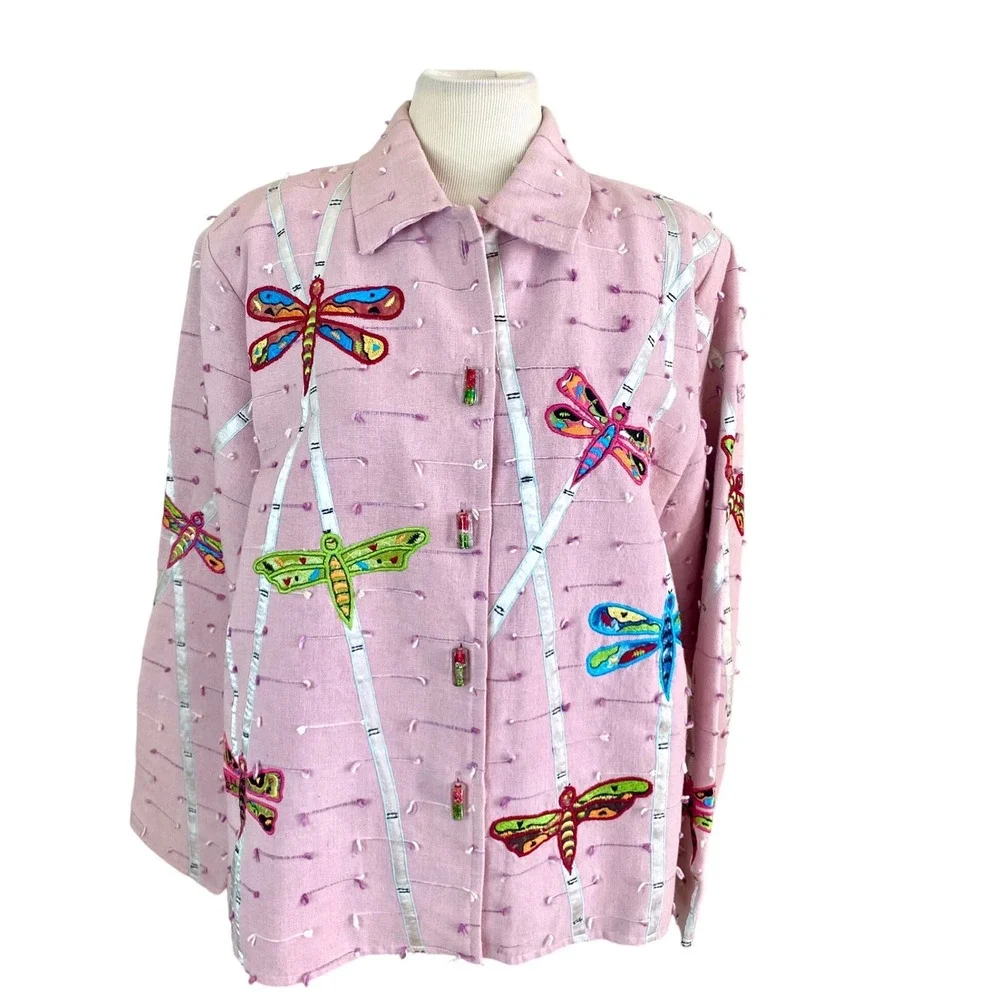 Vtg Daniel K Pink Embroidered Dragonfly Jacket Glitter Buttons Sz‎ L y2k